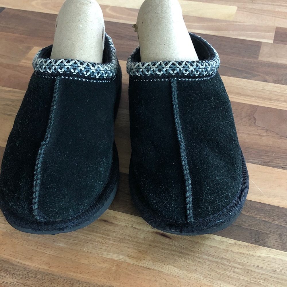 UGG Black Suede Tasman Slip-On Mules with Braided Trim